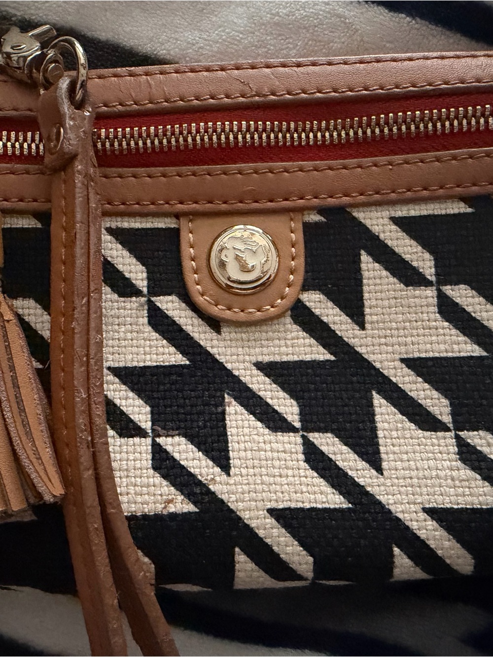 Spartina 449 Black & Cream Houndstooth Canvas Crossbody with Tan Trim